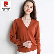 皮爾卡丹（pierre cardin）春秋短款針織開衫女長袖防曬羊毛衫V領(lǐng)純色毛衣 焦糖 S