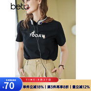 betu百圖女裝春裝新款寬松韓版卡通印花短袖T恤ins潮JD2102T08 黑色 S