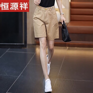 恒源祥五分短褲女夏季牛仔休閑中褲小個子闊腿褲子韓版高腰薄款熱褲5分 3685#卡其色 S