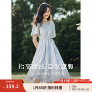 茵曼（INMAN）連衣裙高級感法式方領(lǐng)2025夏女裝新品收腰提花休閑氣質(zhì)高級感顯瘦 藍(lán)色 S