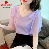 皮爾卡丹（pierre cardin）亮片t恤女短袖夏天洋氣飄逸雪紡衫V領(lǐng)外穿寬松溫柔風輕熟上衣超仙 紫色 XL