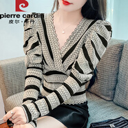 皮爾卡丹v領(lǐng)交叉蕾絲打底衫女秋冬新款長(cháng)袖內搭別致獨特小衫高檔氣質(zhì)上衣 黑色 2XL