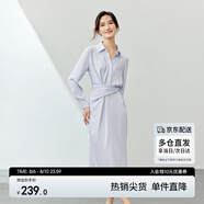 尚都比拉春季單排扣腰部褶皺薄款仿醋酸緞面中長(cháng)款連衣裙女 藍紫色 M 
