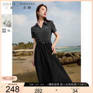 三彩大碼女裝2025夏季新款假兩件翻領(lǐng)連衣裙顯瘦短袖腰帶通勤胖MM