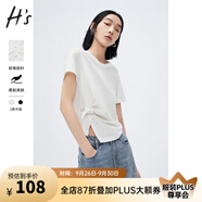 H's純色復古扭結短袖夏季新款女裝開(kāi)叉設計寬松顯瘦小眾套頭T恤 黑色 S