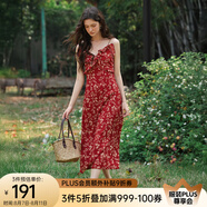 Olrain歐芮兒吊帶碎花連衣裙夏季女裝浪漫優(yōu)雅長(cháng)裙子度假沙灘裙 紅色印花 XL