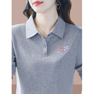 純棉長(cháng)袖恤女早秋2024新款氣質(zhì)減齡媽媽衫刺繡百搭秋裝上衣淺灰10 杏色 M 100斤內