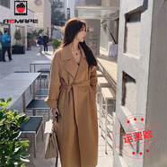 AEMAPE毛呢外套女2025春秋韓版寬松系帶加厚雙面絨百搭顯瘦長款大衣女 駝色  S _建議105-115斤
