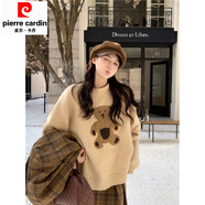 皮爾卡丹（pierre cardin）卡通小熊復古套頭毛衣女春秋外穿內搭寬松慵懶風(fēng)小個(gè)子打底針織衫 杏色 L