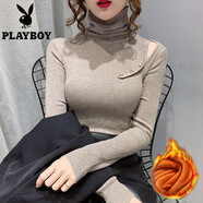 花花公子（PLAYBOY）加絨堆堆領(lǐng)毛衣女秋冬新款套頭洋氣鏤空紐扣內搭針織打底衫女上衣 淺咖 加絨 S