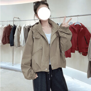 阿瑪施（AMASS）哥弟適用大碼時尚連帽拉煉工裝風衣外套胖MM女裝春季新款顯瘦開衫 卡其色【秋裝女款2024年新款/初秋早秋大碼穿搭/ XL (建議120-140斤)