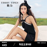 糖力【商場(chǎng)同款】掛脖小黑裙輕禮服女珍珠亮片點(diǎn)綴無(wú)袖露肩連衣裙 黑色 L