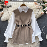 皮爾卡丹（pierre cardin）秋冬馬甲寬松長袖白POLO領(lǐng)上衣開叉背心套頭輕奢名媛套裝女針織衫 駝色 均碼