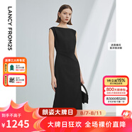 朗姿法式一字肩收腰抽褶設計感氣質長裙夏裝新款女禮服連衣裙 黑色 L