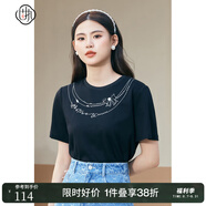 固執(zhí)（OBSTINATE）夏季新款復(fù)古刺繡釘珠圓領(lǐng)短袖t恤女裝00032TX08215 黑色 S 160/80A