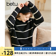 betu百圖女裝冬季毛衣小半高領(lǐng)條紋長(cháng)袖慵懶風(fēng)毛衣2211T40 黑色 S