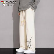 啄木鳥(niǎo)（TUCANO）休閑褲男秋季褲子男寬松直筒刺繡國風(fēng)闊腿潮流百搭長(cháng)褲 米白 L