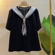 韓版加大碼女裝絲巾披肩領(lǐng)短袖小衫胖妹妹氣質(zhì)2025春秋款百搭上衣 黑色 3XL