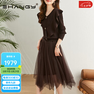 Ehangy輕奢品牌連衣裙女2025年秋冬新款兩件套V領(lǐng)木耳邊紗網(wǎng)中長(zhǎng)A字裙子 咖色 2XL 130-140斤