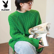 花花公子（PLAYBOY）新品秋冬加厚慵懶風(fēng)復古麻花休閑中長(cháng)款毛衣套頭2025新款針織衫上 綠色-旗艦款 S _建議80-95斤