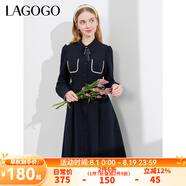 lagogo氣質(zhì)藏青色領(lǐng)結(jié)連衣裙拉谷谷春夏新品口袋收腰法式連衣裙 藏青色(M0) L