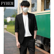PYHEM春秋季西裝套裝男休閑修身韓版潮流痞帥男裝感西服外套男結(jié)婚 黑色薄款七分袖單西 黑色薄款七 XL