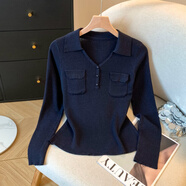 朦朧杏針織衫洋氣30-40歲寬松韓版實(shí)拍翻領(lǐng)polo衫正肩長(cháng)袖針織打底衫女 藏青色 均碼