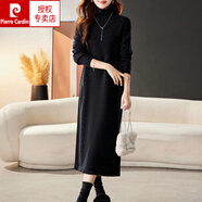 皮爾卡丹（pierre cardin）配大衣針織羊毛連衣裙女秋冬新款高領超長款波點打底羊毛毛衣裙子 黑色 M