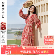 尚都比拉度假風(fēng)雪紡連衣裙春秋新款異域風(fēng)遮肚子顯瘦長袖裙子 紅花 L