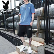 花花公子（PLAYBOY）純棉男士夏季短袖t恤套裝男裝一套休閑潮流帥氣半袖衣服 1903牛仔藍 純棉上衣+95棉褲子 3XL 155-175斤
