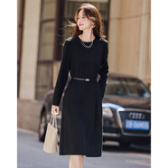 尚靜法式優(yōu)雅氣質(zhì)長(cháng)袖連衣裙25年秋新時(shí)尚顯瘦小黑裙含腰帶