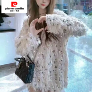 皮爾卡丹（pierre cardin）網(wǎng)紅毛毛流蘇重工閃閃亮片毛衣裙女2025年秋冬新款法式連衣裙 米色 M