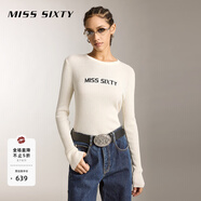 MISS SIXTY羊毛含桑蠶絲針織衫女撞色提花坑條羅紋長袖上衣打底衫 米白 M