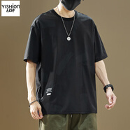 以純（YISHion）夏季男裝冰絲短袖T恤男2025新款寬松薄款透氣運(yùn)動(dòng)半袖上衣體恤衫  716黑色   薄款 M 95-115斤