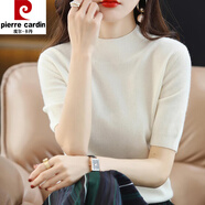 皮爾卡丹新款女半高領五分袖羊毛針織衫套頭毛衣純色打底衫寬松大d碼短袖 白色 S