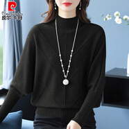 皮爾卡丹2025秋冬新款半高領(lǐng)女加厚寬松韓版蝙蝠袖內搭羊毛針織衫打底衫 黑色 2XL 建議126-139斤