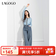 lagogo高腰100%棉休閑直筒牛仔褲女拉谷谷春秋新款淺色寬松褲子 深牛仔藍(lán)(N2) XL