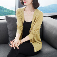珞妮絲光羊毛冰絲針織開衫春秋薄款寬松長袖毛衣外搭媽媽小披肩外套女 語麥黃 XL