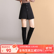 白鹿語(yǔ)秋冬厚款裙褲式短褲簡(jiǎn)約純色高腰A字休閑熱褲女 黑色1 M