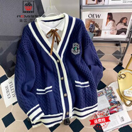 AEMAPE小熊毛衣開衫女外套2025春新款女裝衣服寬松溫柔秋冬季針織上衣 藏青色B款 均碼 (80-140斤拍)