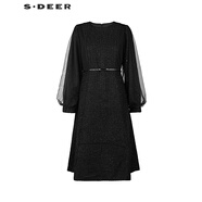 S.DEER圣迪奧女裝圓領收腰網(wǎng)紗泡泡袖毛呢連衣裙S224Z1283 黑色/91 S 160