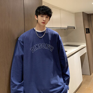 閃爆0春裝新款港風字母Oversize圓領長袖潮T恤 藏青色 S