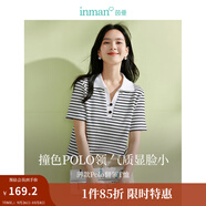 茵曼（INMAN）Polo領(lǐng)條紋短袖T恤2025夏季女裝新款修身顯瘦上衣 黑白條 S