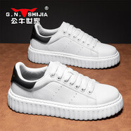 公牛世家男鞋秋冬季復古軟底板鞋男2025新款休閑鞋子男運動(dòng)厚底增高跑步鞋 白色 40