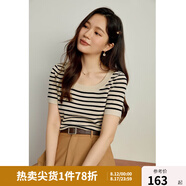 獨(dú)束大碼女裝經(jīng)典撞色條紋U領(lǐng)針織小衫女夏季新款微胖mm氣質(zhì)上衣 米黑條紋 4XL
