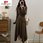 皮爾卡丹感咖色針織連衣裙女2025秋季新款大碼胖mm不規則內搭打底長(cháng)裙 圖片色連衣裙版初戀/收腰/高腰/a L (100-120斤)