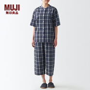 無(wú)印良品（MUJI）女式 無(wú)側(cè)縫泡泡紗短袖睡衣女士家居服套裝夏季純棉全棉 FDB04C2S 藏青色×圖案 M