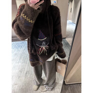 復古小眾棕咖色特種紗刺繡小貓慵懶連帽抽繩寬松大毛衣針織衫 圖片色 均碼