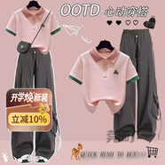 莞町大童衣服9-14歲女夏裝12-15歲女孩衣服夏季女大童工裝褲套裝2025 6粉色POLO+灰色工裝褲套裝 150 M碼【建議70-85斤】