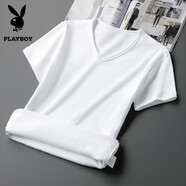 花花公子（PLAYBOY）短袖t恤男裝潮流V領(lǐng)純色上衣服加絨加厚內搭打底衫秋冬季保暖半袖 8803【加絨加厚】白色 S